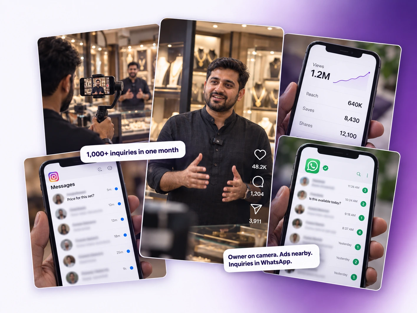 A jewellery shop owner filming a reel on a gimbal, with phones showing 1.2M views, Instagram inquiries and a full WhatsApp inbox